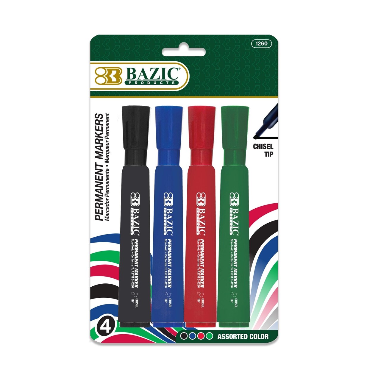BAZIC Chisel Tip Desk Style Assorted Color Permanent Marker (4/Pack)